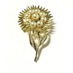 Sunflower Brooch Pin Faux Pearl Flower Floral Kansas Gold Tone Metal 2" VTG
